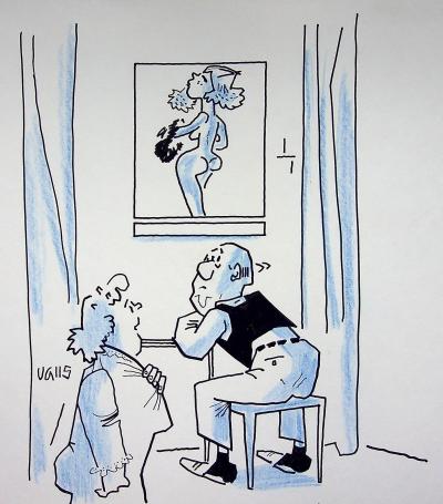 Guy VALLS : Derrière les rideaux - Dessin original signé 2