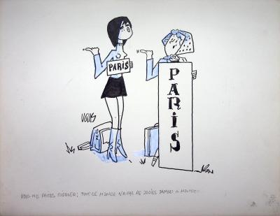 Guy VALLS : Rouler à Paris - Dessin original signé 2