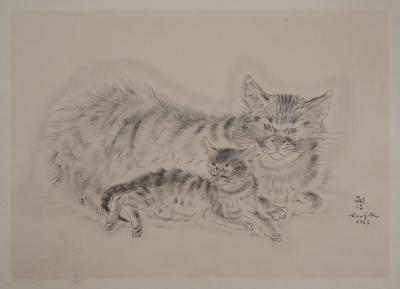 Léonard Tsuguharu FOUJITA : Chatte et chaton - Gravure originale, signée 2