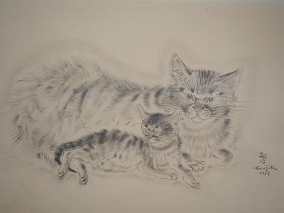 Léonard Tsuguharu FOUJITA : Chatte et chaton - Gravure originale, signée 2