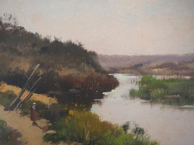 Eugène GALIEN-LALOUE : Fermière en bord de rivière - Huile sur panneau Signée 2