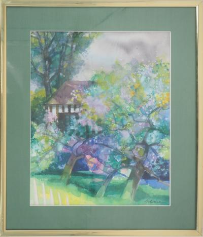 Camille HILAIRE - Pommiers en fleurs et maison normande - Aquarelle, Signée 2