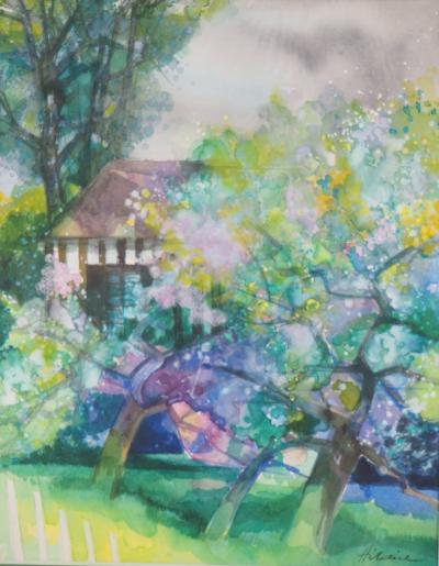 Camille HILAIRE - Pommiers en fleurs et maison normande - Aquarelle, Signée 2