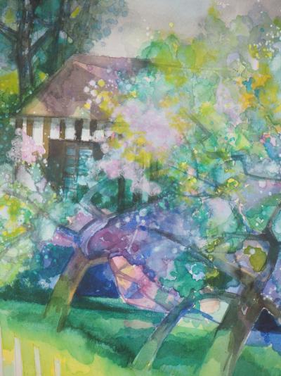 Camille HILAIRE - Pommiers en fleurs et maison normande - Aquarelle, Signée 2