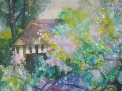 Camille HILAIRE - Pommiers en fleurs et maison normande - Aquarelle, Signée 2
