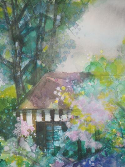 Camille HILAIRE - Pommiers en fleurs et maison normande - Aquarelle, Signée 2