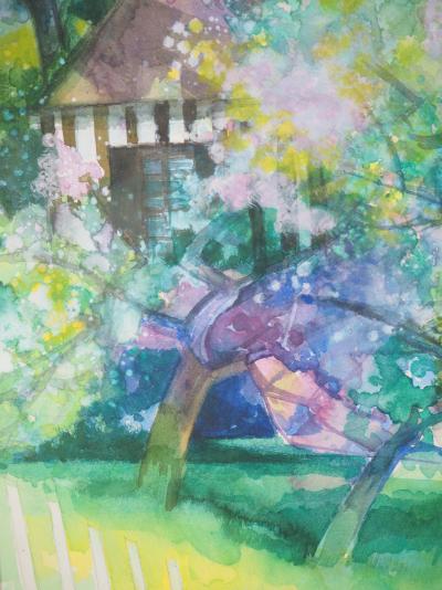 Camille HILAIRE - Pommiers en fleurs et maison normande - Aquarelle, Signée 2