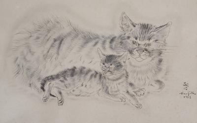 Léonard Tsuguharu FOUJITA : Chatte et chaton - Gravure originale, signée 2