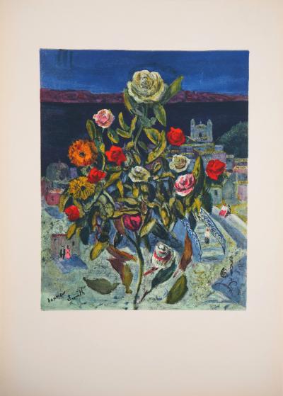 Francis SMITH : Bouquet sur village méditerranéen, 1958 - Lithographie signée 2