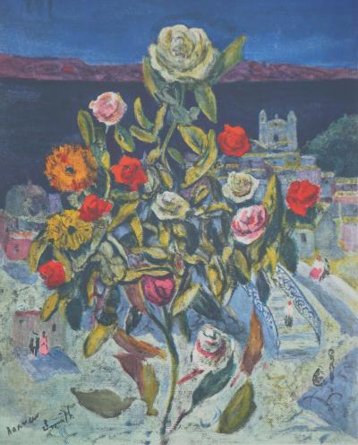 Francis SMITH : Bouquet sur village méditerranéen, 1958 - Lithographie signée 2
