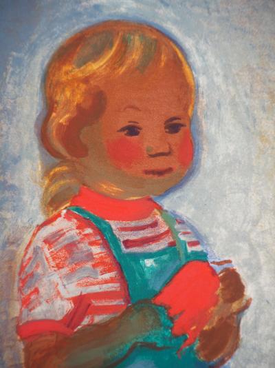 Christian CAILLARD - L’enfant à la salopette verte - Lithographie signé, 1957 2