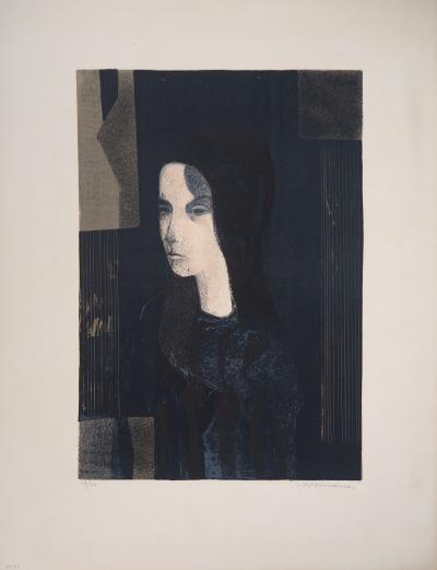 André MINAUX - Portrait de femme en noir - Lithographie signée et numérotée 2