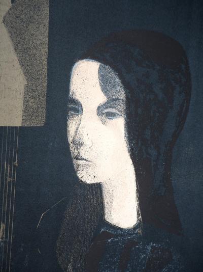 André MINAUX - Portrait de femme en noir - Lithographie signée et numérotée 2
