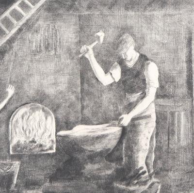 Hermine DAVID - Forgeron, 1946 - Gravure originale signée 2