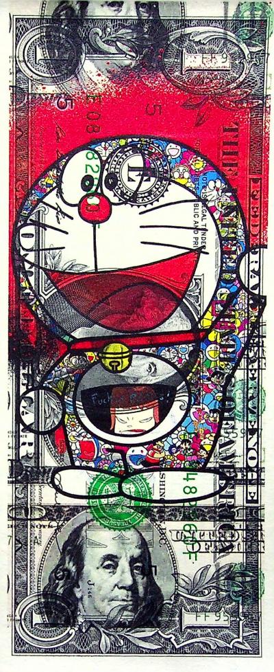 Death NYC - Doraemon who smile with a cartoon skin of Murakami flowers - Sérigraphie originale signée 2