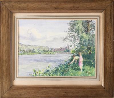 Paul GRÉGOIRE - Au bord de la Moselle,Abbaye des Prémontrés - Aquarelle 2