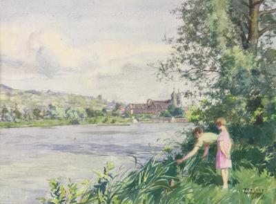 Paul GRÉGOIRE - Au bord de la Moselle,Abbaye des Prémontrés - Aquarelle 2