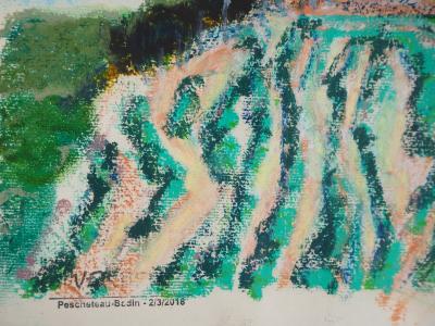 Véronique VERMEIL - Vue sur des vignes - Dessin au pastel et à la gouache signé 2