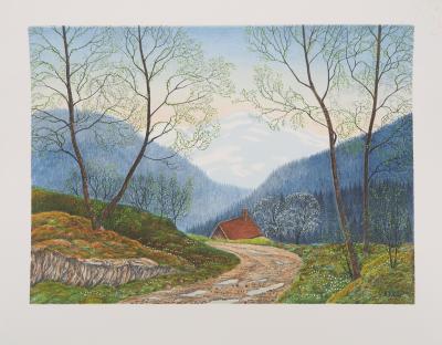 Per JULIUS : Petite maison à la vue des montagnes - Lithographie originale signée 2