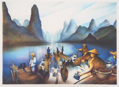 Raymond POULET : Vie nautique à Vietnam - Lithographie originale signée 2