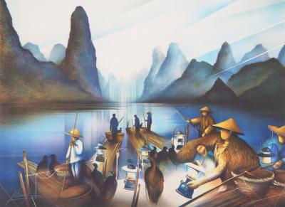 Raymond POULET : Vie nautique à Vietnam - Lithographie originale signée 2