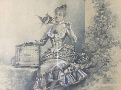 Eugène GRIVAZ - Élégante aux oiseaux , vers 1890 - Lavis réhaussé signé 2