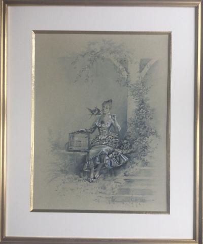 Eugène GRIVAZ - Élégante aux oiseaux , vers 1890 - Lavis réhaussé signé 2