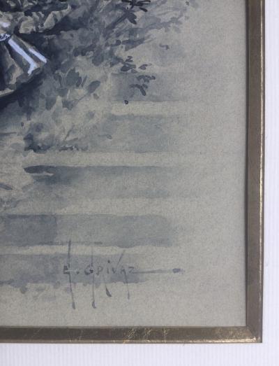 Eugène GRIVAZ - Élégante aux oiseaux , vers 1890 - Lavis réhaussé signé 2