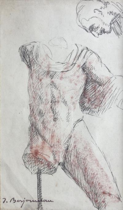 Jehan BERJONNEAU - Torse et tête d’homme - Encre et aquarelle signée 2