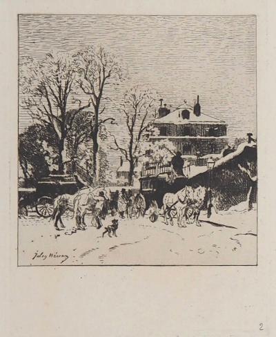 Jules HEREAU : Paris, Station d’Omnibus aux Batignolles, 1874 - Gravure originale signée 2