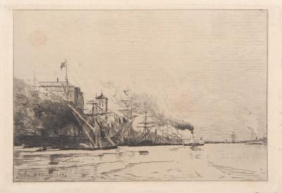 Jules HEREAU : Vue de port, 1874 - Gravure originale signée 2
