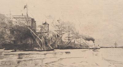 Jules HEREAU : Vue de port, 1874 - Gravure originale signée 2