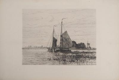 GRAVESANDE : Bateaux pêcheurs sur l’Escaut - Gravure originale signée 2