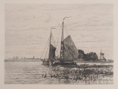 GRAVESANDE : Bateaux pêcheurs sur l’Escaut - Gravure originale signée 2