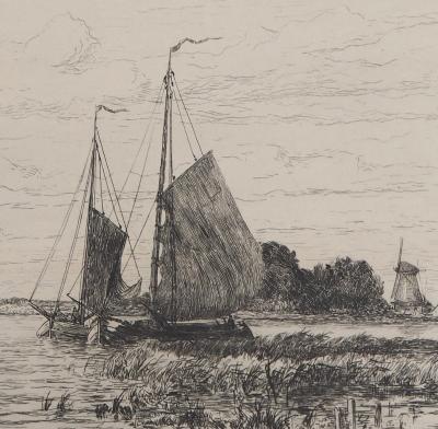 GRAVESANDE : Bateaux pêcheurs sur l’Escaut - Gravure originale signée 2