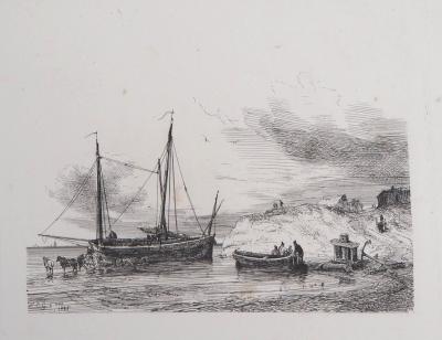Théodore GUDIN : Matinée de pêche, 1828 - Lithographie originale signée 2