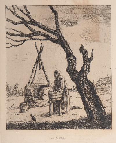 Henri GUERARD : Lavage au puits - Gravure originale signée 2