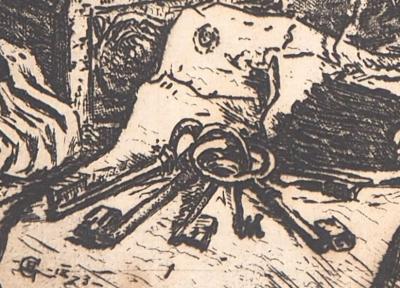 Henri GUERARD: Lantern, chest and keys - Original signed etching 2