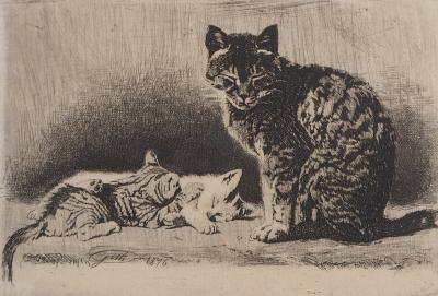 Alberto Maso GILLI: Mother cat and her kittens, 1876 - Original signed etching 2