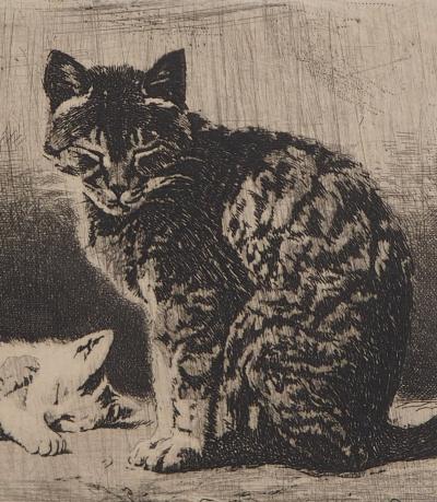 Alberto Maso GILLI: Mother cat and her kittens, 1876 - Original signed etching 2