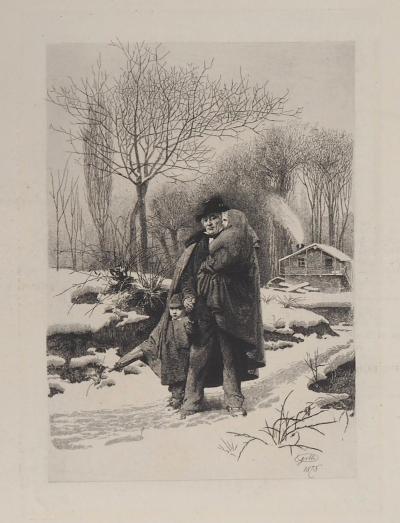 Alberto Maso GILLI : Grand père et ses petits enfants en promenade, 1875 - Gravure originale signée 2