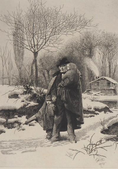 Alberto Maso GILLI : Grand père et ses petits enfants en promenade, 1875 - Gravure originale signée 2