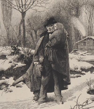 Alberto Maso GILLI : Grand père et ses petits enfants en promenade, 1875 - Gravure originale signée 2
