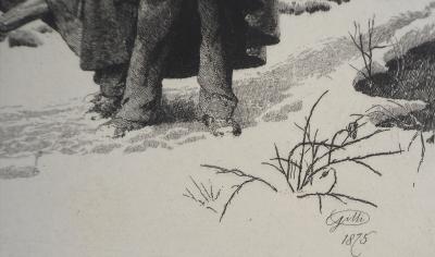 Alberto Maso GILLI : Grand père et ses petits enfants en promenade, 1875 - Gravure originale signée 2