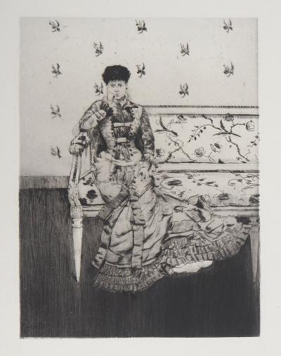 Norbert GOENEUTTE : Fantaisie, Jeune femme sur un canapé, 1877 - Gravure originale signée 2