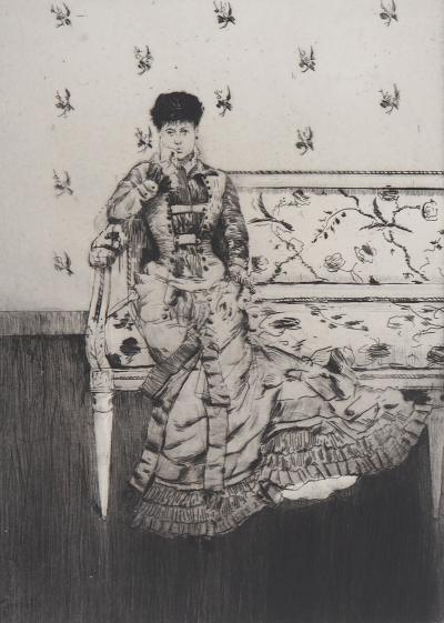 Norbert GOENEUTTE : Fantaisie, Jeune femme sur un canapé, 1877 - Gravure originale signée 2