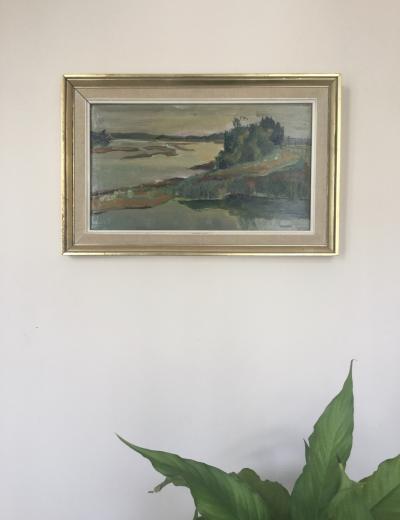 Marguerite MIGEON - Paysage lacustre - Huile sur panneau signée 2