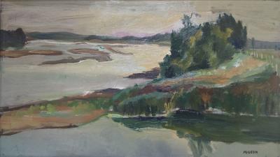 Marguerite MIGEON - Paysage lacustre - Huile sur panneau signée 2