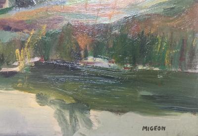 Marguerite MIGEON - Paysage lacustre - Huile sur panneau signée 2