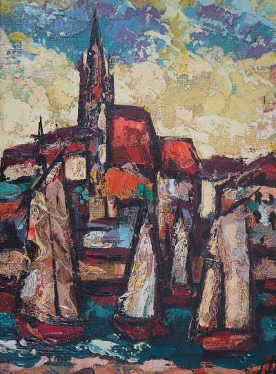 Henry Maurice D’ANTY : Bretagne, Eglise vue du port - Huile sur toile signée 2